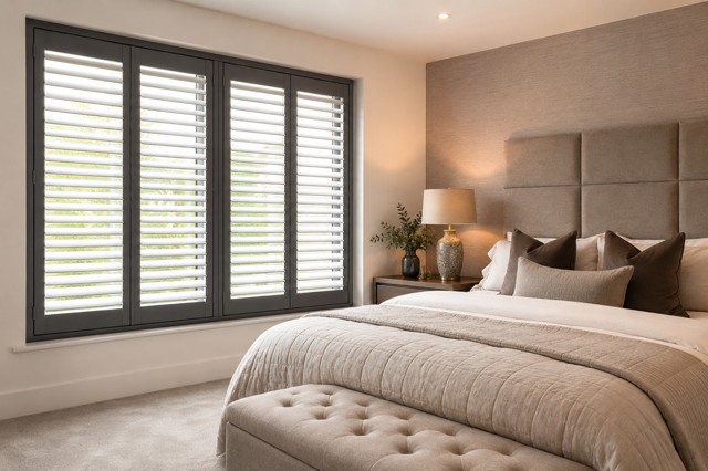 Elegant bedroom with dark-framed white plantation shutters