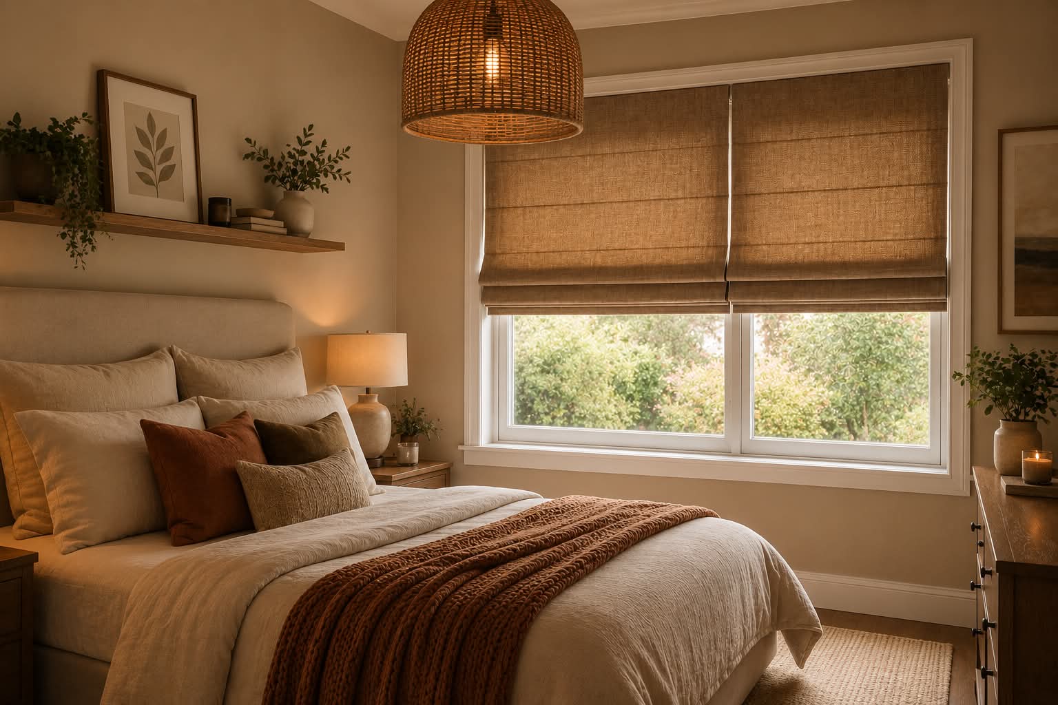 Natural woven textured Roman blinds in a warm, cosy bedroom with soft lamp lighting