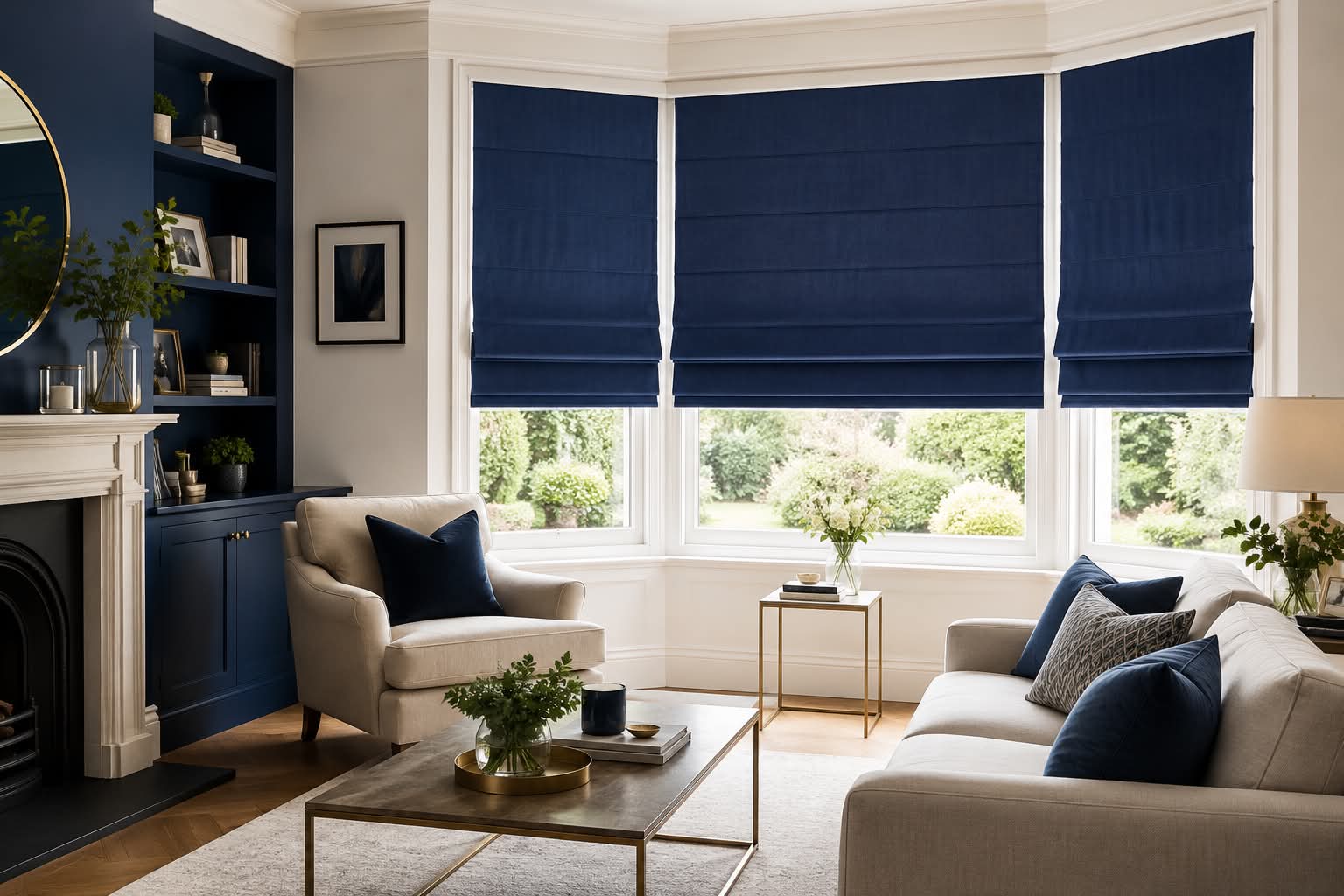 Deep navy Roman blinds fitted across a bay window in an elegant living room with fireplace and bookshelves
