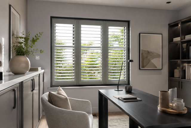 Home office with dark-framed shutters set into large windows