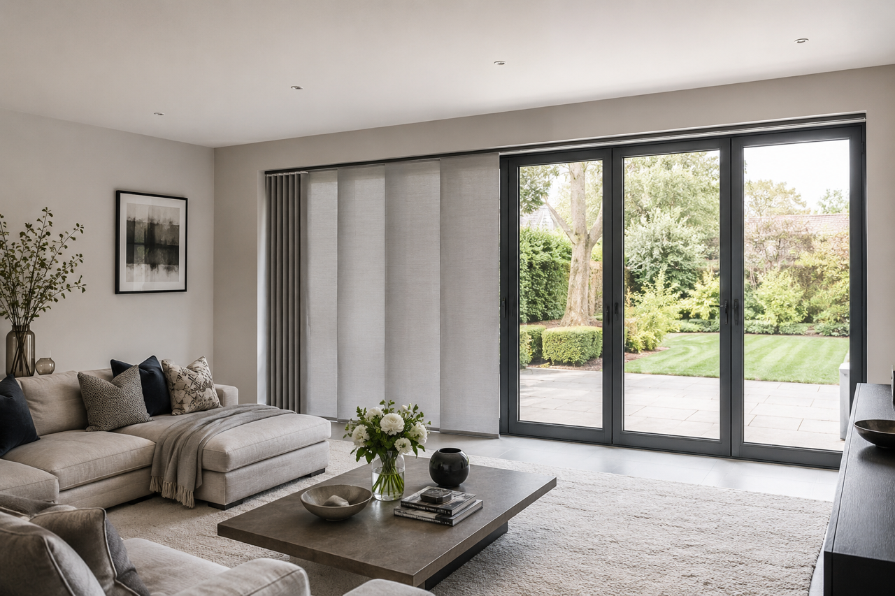 Neutral panel blinds framing a bright open-plan dining area
