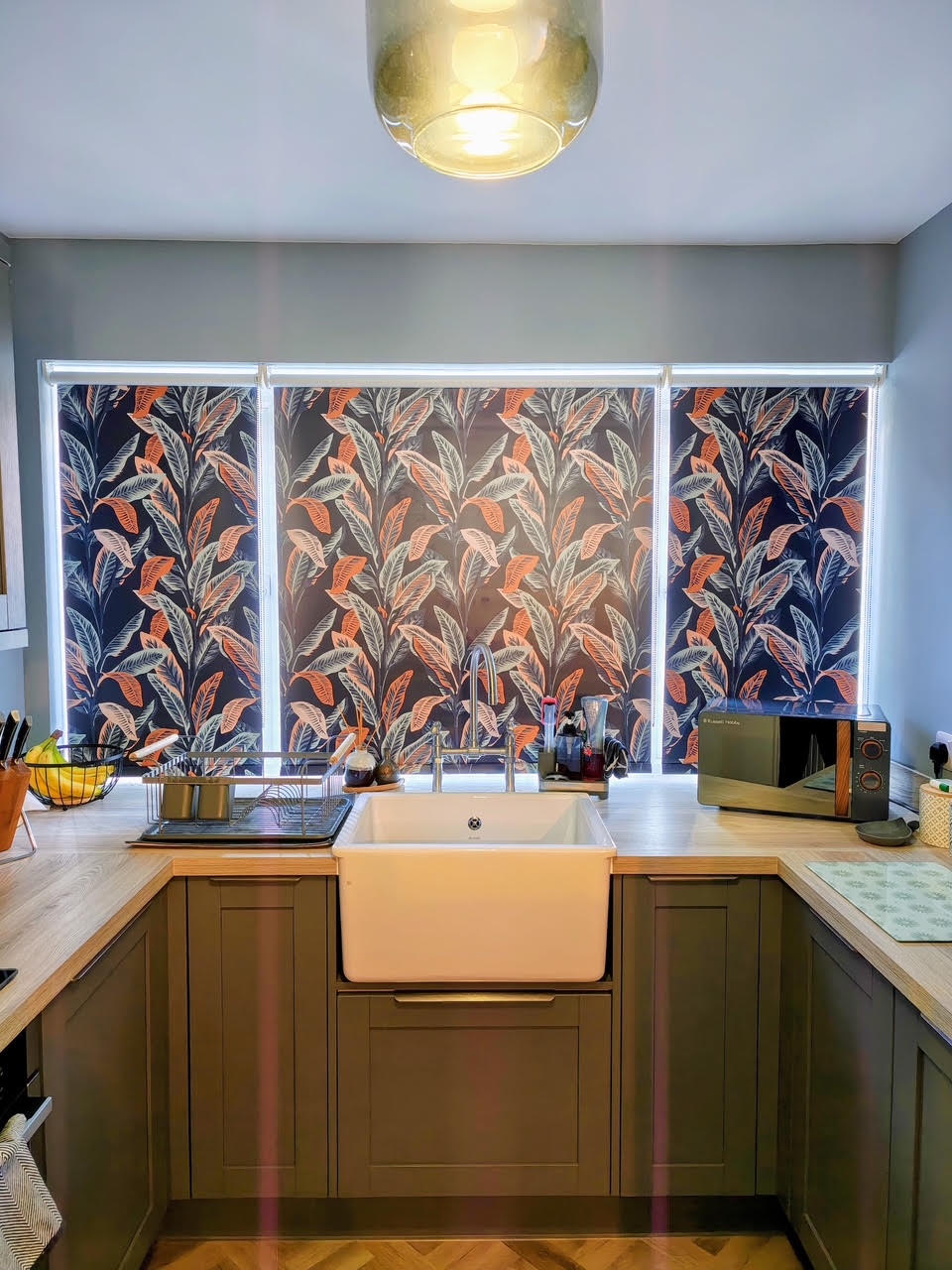 Bespoke botanical patterned roller blinds in a Ryde kitchen