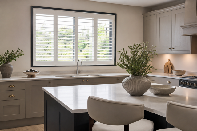 Contemporary kitchen with white plantation shutters above the sink