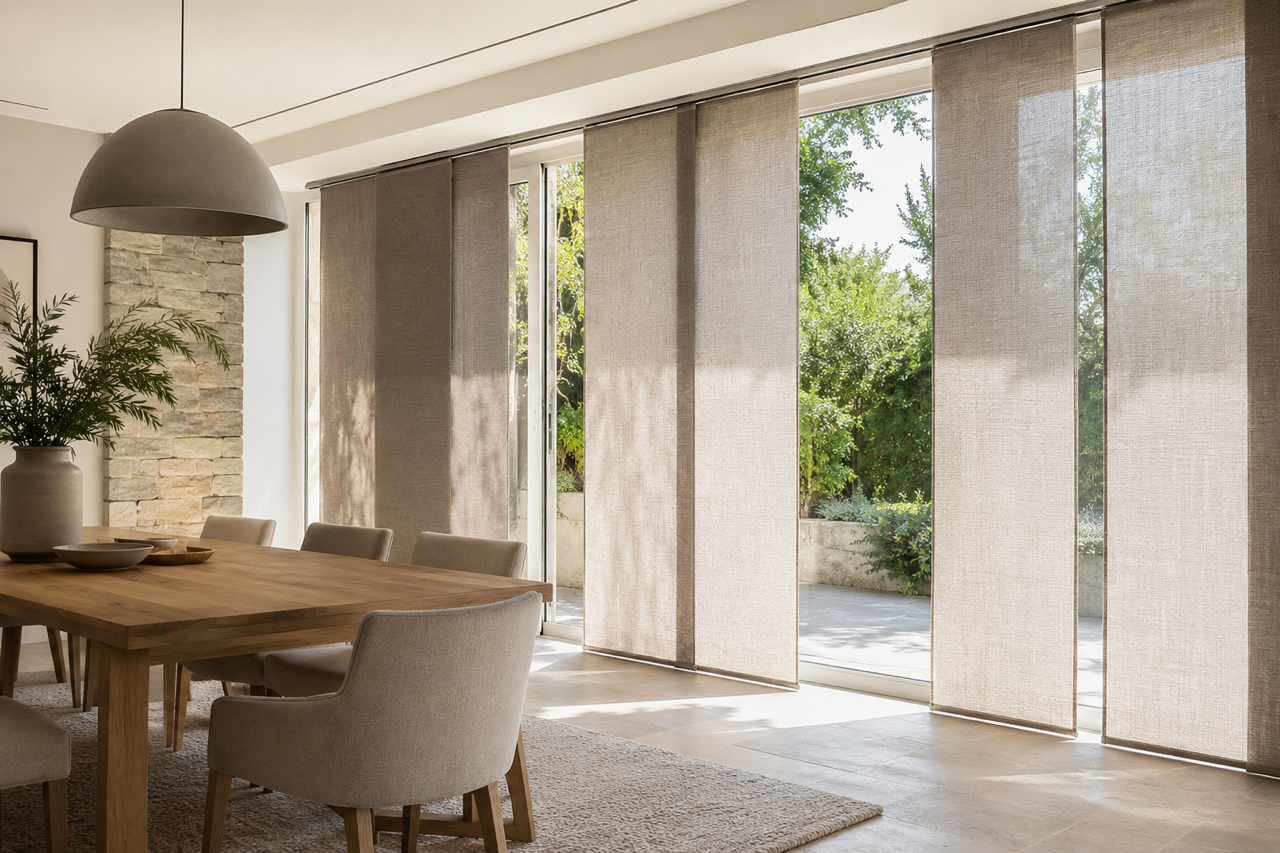 Panel blinds across full-height patio doors in a modern living room